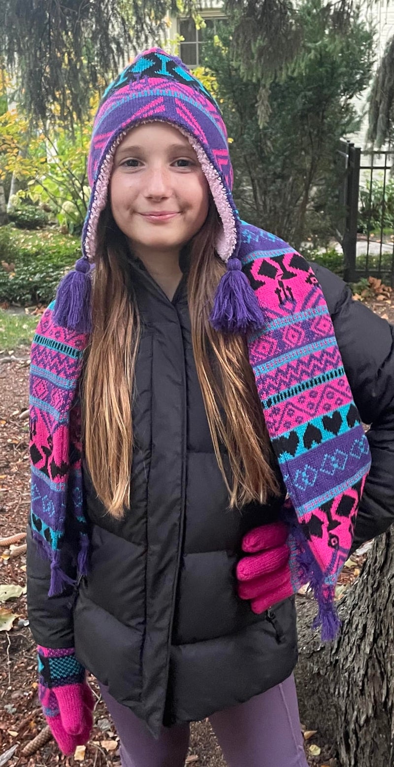N'Ice Caps Kids Hat Glove Scarf Girls Winter Knit Accessory Set Warm Sherpa Lined 3 Piece (8-12 Years, purple/turq/fuchsia/black) - Image 3